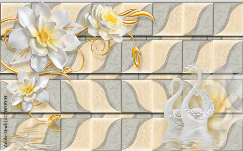 Dekoracja na wymiar  3d-kwiaty-na-pieknym-drewnianym-tle-tapeta-na-sciane