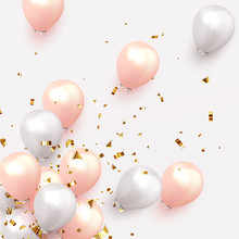 Festive Background With Helium Balloons. Celebrate A Birthday, Poster, Banner Happy Anniversary. Realistic Decorative Design Elements. Vector 3d Object Ballon, Pink And White Color.