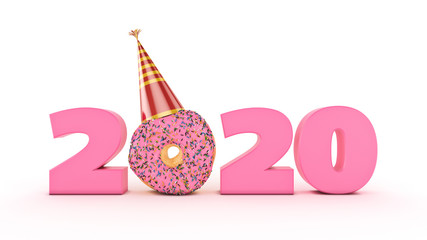 Wall Mural - Donut with party hat concept 2020 New Year sign. 3d rendering	