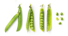 Pea Pods And Single Fresh Green Peas Isolated On A White Background, Food / Nutrition Design Elements, Top View
