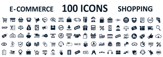 shopping icons 100, set shop sign e-commerce for web development apps and websites - stock vector