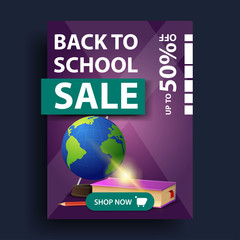 Wall Mural - Back to school sale, vertical discount banner with globe and school textbooks