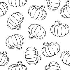 Wall Mural - Seamless pattern with pumpkins. Black and white illustration with vegetables outline. Autumn background.