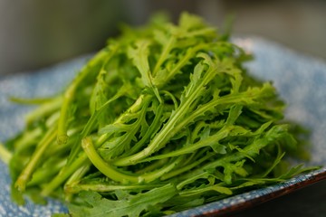 Poster - Closeup shot of a mizuna leaf on a plate with blurred background