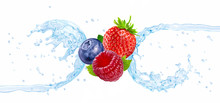 Fresh Cold Pure Strawberry, Blueberry, Raspberry Flavored Water Wave 3D Splash Isolated On White. Clean Infused Water Wave Splash With Berries Design Elements. Healthy Flavored Drink Splash Ad Concept