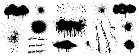 Poster - Stencil graffiti spray template. High quality manually traced. Black splashes isolated on white background. Color dirty liquid. Vector set Graffiti Spray