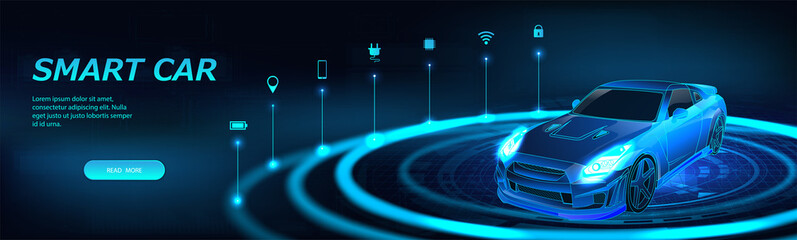 Poster - Isometric smart car banner. Autonomous car with icons. Electric machine infographic banner. Futuristic isometric smart car and icons with machine benefits. Intelligent 3D car - vector banner.