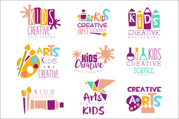 Wall Mural - Kids Creative Class Template Promotional Logo Set With Symbols Of Art and Creativity, Painting Origami