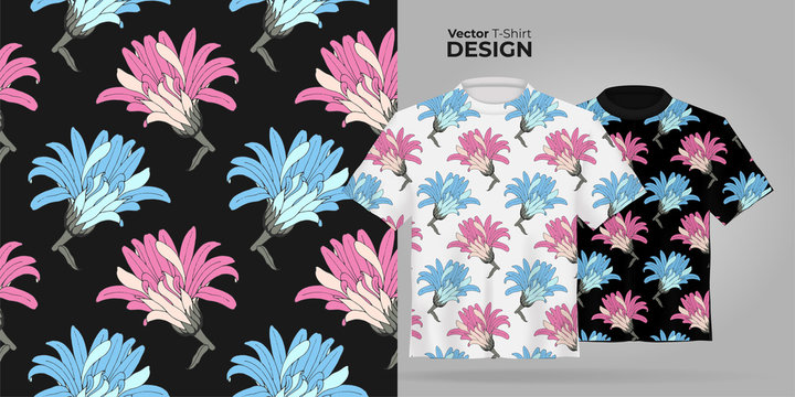 Wall Mural - Vector Unisex t-shirt mock up set with flower pattern. 3d realistic shirt template with pink and blue flowers. Black and white tee mockup, front view design, woman floral seamless pattern