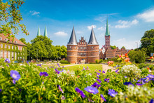 Historic Town Of Lübeck With Famous Holstentor Gate In Summer, Schleswig-Holstein, Northern Germany