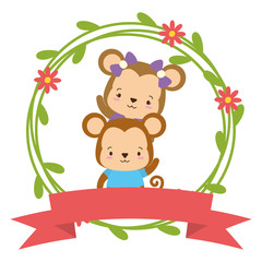 Wall Mural - cute couple monkey animals wreath flowers