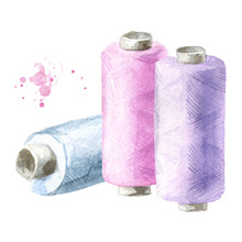 Sewing Threads. Watercolor Hand Drawn Illustration Isolated On White Background
