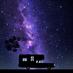 Sticker - Cartoon retro car on road at night. Vector illustration with silhouettes of woman traveling in camper. Family road trip. Space dark background with starry sky and Milky Way.