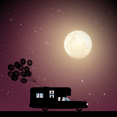 Sticker - Cartoon retro car on road on moonlit night. Vector illustration with silhouettes of woman traveling in camper. Family road trip. Full moon in starry sky