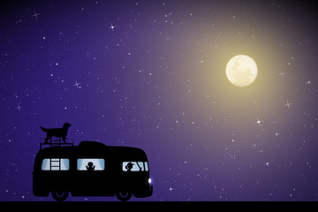 Sticker - Cartoon retro car on road on moonlit night. Vector illustration with silhouettes of people and dog traveling in camper. Family road trip. Full moon in starry sky