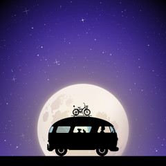 Sticker - Cartoon retro car on road on moonlit night. Vector illustration with silhouettes of people and cat traveling in camper. Family road trip. Full moon in starry sky