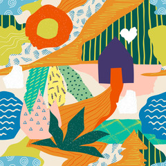 Poster - Abstract collage pattern. Seamless doodle print design, contemporary exotic summer shapes and colors. Vector hand drawn nature abstraction floral poster