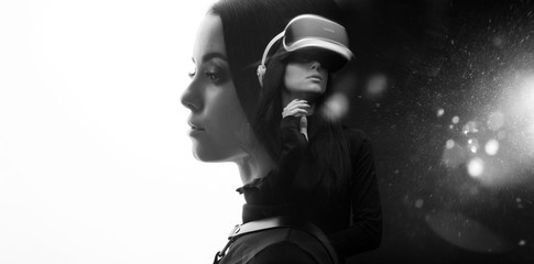 Wall Mural - double exposure of female face. abstract black and white woman portrait. digital art. augmented real