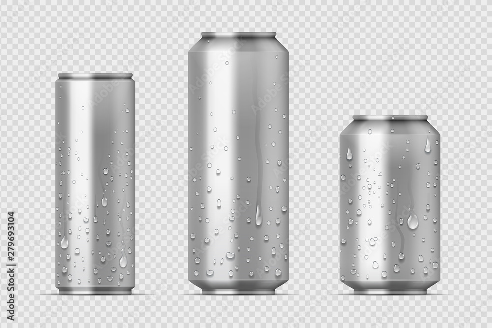 Realistic metal cans. Aluminum bear soda and lemonade cans with water drops, energy drink blank mockup. Vector isolated set canned beverages with water condensation on transparent background - obrazy, fototapety, plakaty 