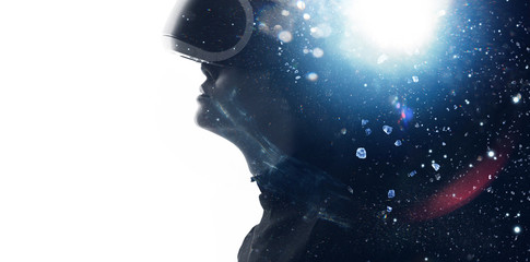 Wall Mural - double exposure of female face. abstract black and white woman portrait. digital art. girl in glasse