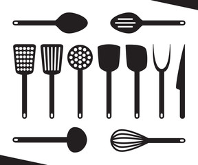 Black plastic Kitchenware isolated on white background. Vector kitchen utensils design elements for web, culinary infographic, brochure, restaurant presentation. Flat illustration of cooking tools