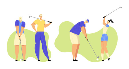 Group of People in Sports in Uniform Playing Golf on Green Field, Hitting Ball to Hole with Professional Equipment, Sport Game, Tournament, Summer Luxury Recreation. Cartoon Flat Vector Illustration