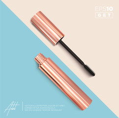 Set of realistic vector golden Mascara Bottles. Brush and mascara tube. Black wand and golden tube on rose-gold and light blue background. Fashionable cosmetics Make up design for Eyes