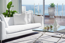 Interior Of The Living Room Of The Hotel. Beautiful Living Room With White Sofa. White Concept Living Room Interior. Modern Bed Room Interior In Luxury Villa. White Colours, Big Window