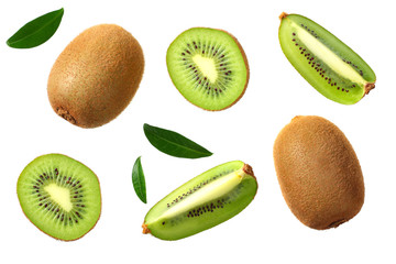 Wall Mural - kiwi fruit with slices and green leaves isolated on a white background. top view