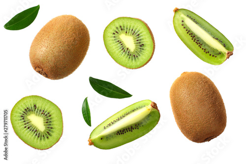 kiwi fruit with slices and green leaves isolated on a white background Poster Mural XXL