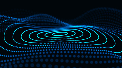 Poster - Abstract dynamic wave of particles. Network of bright points or dots. Big data. Digital background. Spider's web. 4K illustration. 3d rendering.