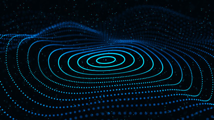 Poster - Abstract dynamic wave of particles. Network of bright points or dots. Big data. Digital background. Spider's web. 4K illustration. 3d rendering.