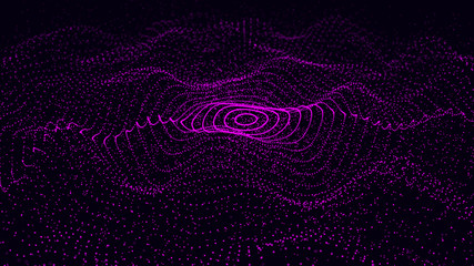 Poster - Abstract dynamic wave of particles. Network of bright points or dots. Big data. Digital background. Spider's web. 4K illustration. 3d rendering.
