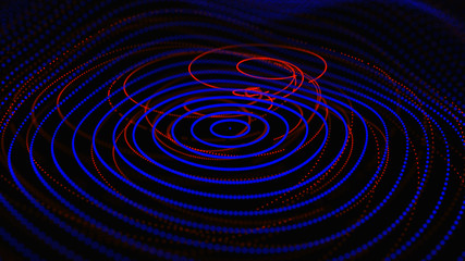 Poster - Abstract dynamic wave of particles. Network of bright points or dots. Big data. Digital background. Spider's web. 4K illustration. 3d rendering.