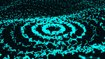 Poster - Abstract dynamic wave of points and lines. Network of bright particles connected by lines. Big data. Digital background. Spider's web. 4K illustration. 3d rendering.