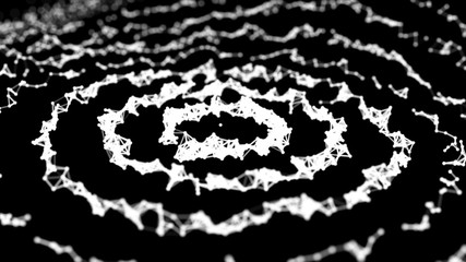 Poster - Abstract dynamic wave of points and lines. Network of bright particles connected by lines. Big data. Digital background. Spider's web. 4K illustration. 3d rendering.