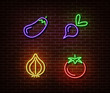 Neon vegetables signs vector isolated on brick wall. Eggplant, beetroot, onion, tomato light symbol,
