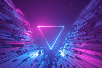 3d render, pink blue neon abstract background with glowing triangle, ultraviolet light, laser show, wall reflection, triangular shape