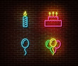Neon celebration birthday signs vector isolated on brick wall. Candle, cake, air baloon light symbol