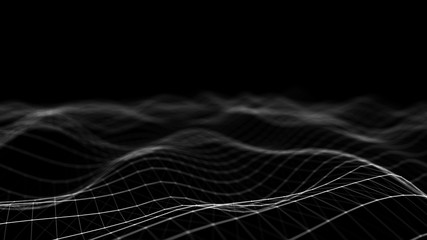 Poster - Wave 3d. Wave of particles. Abstract black Geometric Background. Big data visualization. Data technology abstract futuristic illustration. 3d rendering.