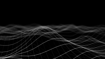 Poster - Wave 3d. Wave of particles. Abstract black Geometric Background. Big data visualization. Data technology abstract futuristic illustration. 3d rendering.