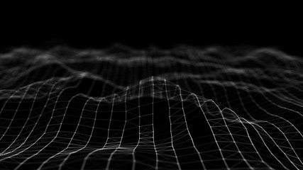 Poster - Wave 3d. Wave of particles. Abstract black Geometric Background. Big data visualization. Data technology abstract futuristic illustration. 3d rendering.