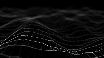 Poster - Wave 3d. Wave of particles. Abstract black Geometric Background. Big data visualization. Data technology abstract futuristic illustration. 3d rendering.