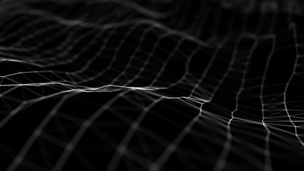 Poster - Wave 3d. Wave of particles. Abstract black Geometric Background. Big data visualization. Data technology abstract futuristic illustration. 3d rendering.