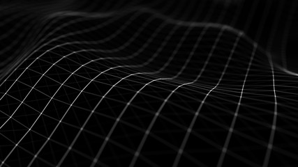 Poster - Wave 3d. Wave of particles. Abstract black Geometric Background. Big data visualization. Data technology abstract futuristic illustration. 3d rendering.