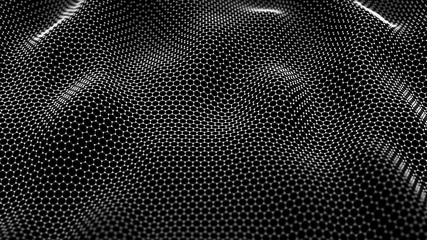 Wall Mural - Abstract dynamic wave of connected dots and lines on dark background. Wave of bright particles. Digital technology background. Big data. 4K illustration. 3d rendering.