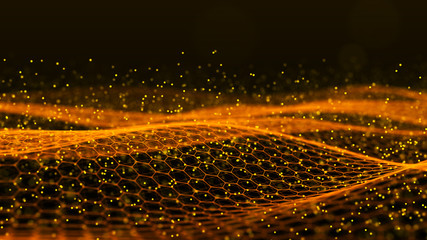 abstract dynamic wave of connected dots and lines on dark background. wave of bright particles. digi