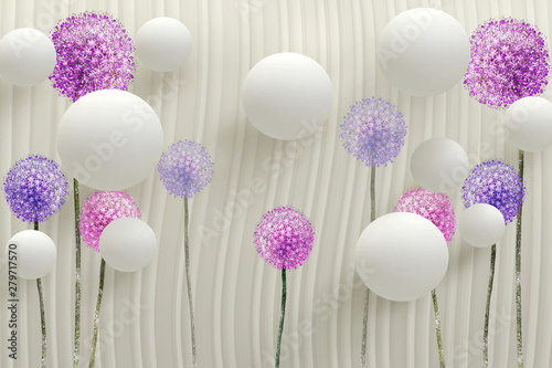 Dekoracja na wymiar  3d-tapety-scienne-abstrakcyjne-tlo-z-szarymi-kolkami-3d-kulka-i-fioletowymi-kwiatami