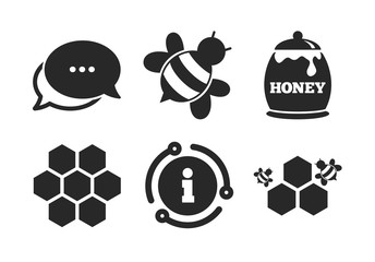 Poster - Honeycomb cells with bees symbol. Chat, info sign. Honey icon. Sweet natural food signs. Classic style speech bubble icon. Vector