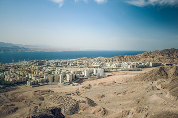 aerial photography from drone of Eilat suburb the most south Israeli city building landmark place near Gulf of Aqaba Red sea bay Middle East scenic landscape 